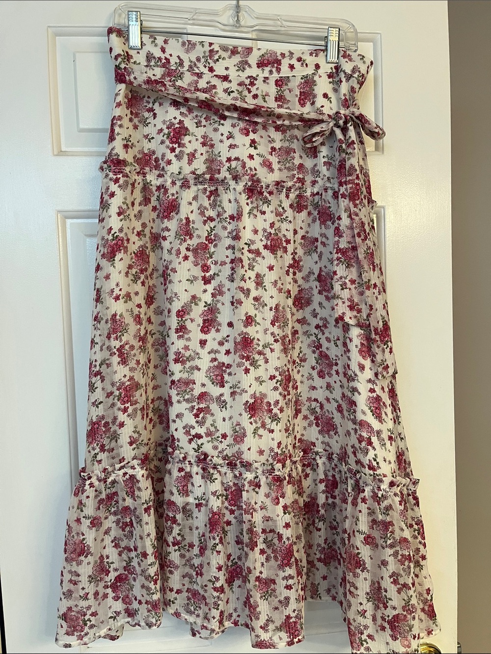 Ann Taylor Pink Floral Print Midi Skirt with Tie Waist